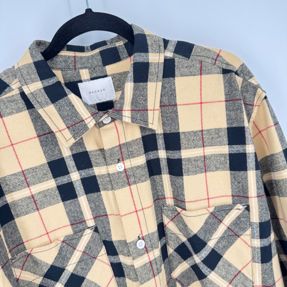Pacsun Mens Tan Black Plaid‎ Flannel Shirt Long Sleeve Button Down Cotton Large